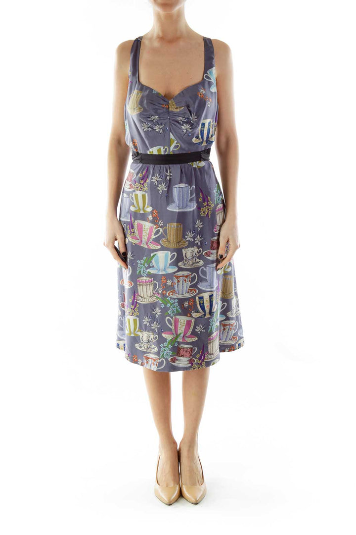 Purple Multicolor Print Belted Empire Dress