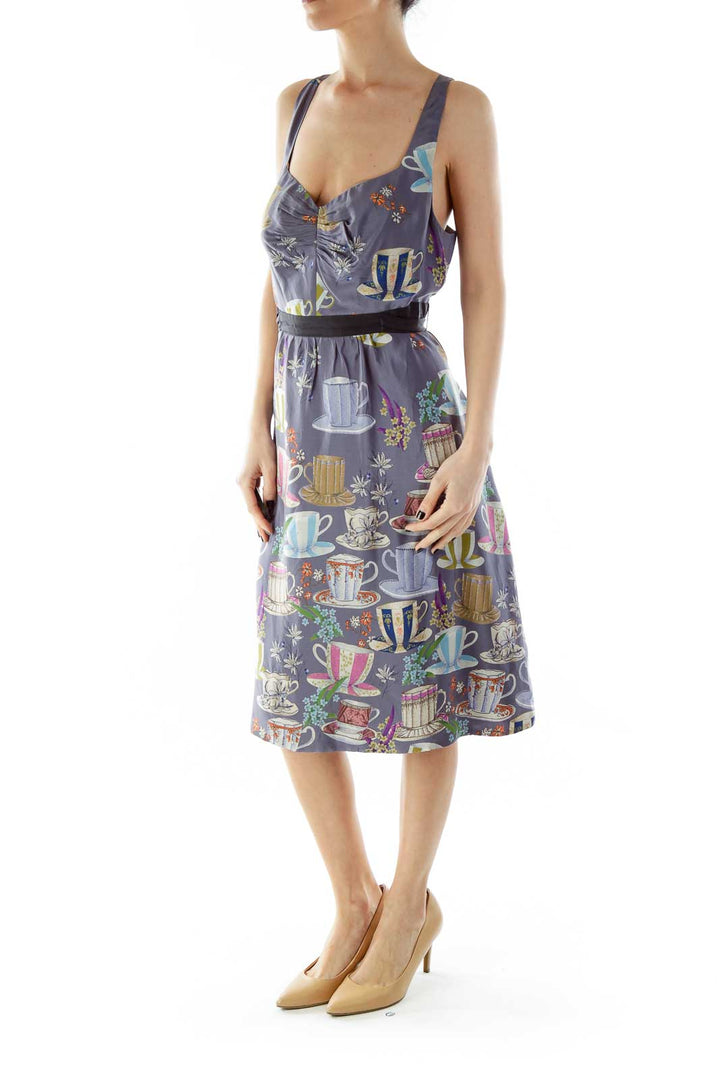 Purple Multicolor Print Belted Empire Dress