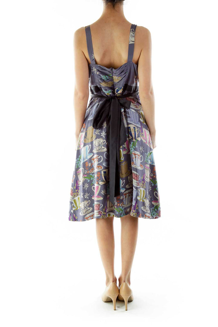 Purple Multicolor Print Belted Empire Dress