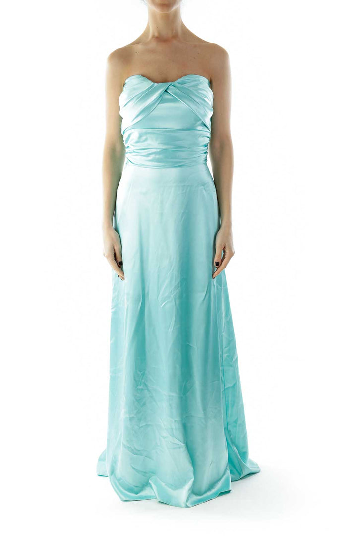 Mint Strapless Shimmer Pleated Evening Dress