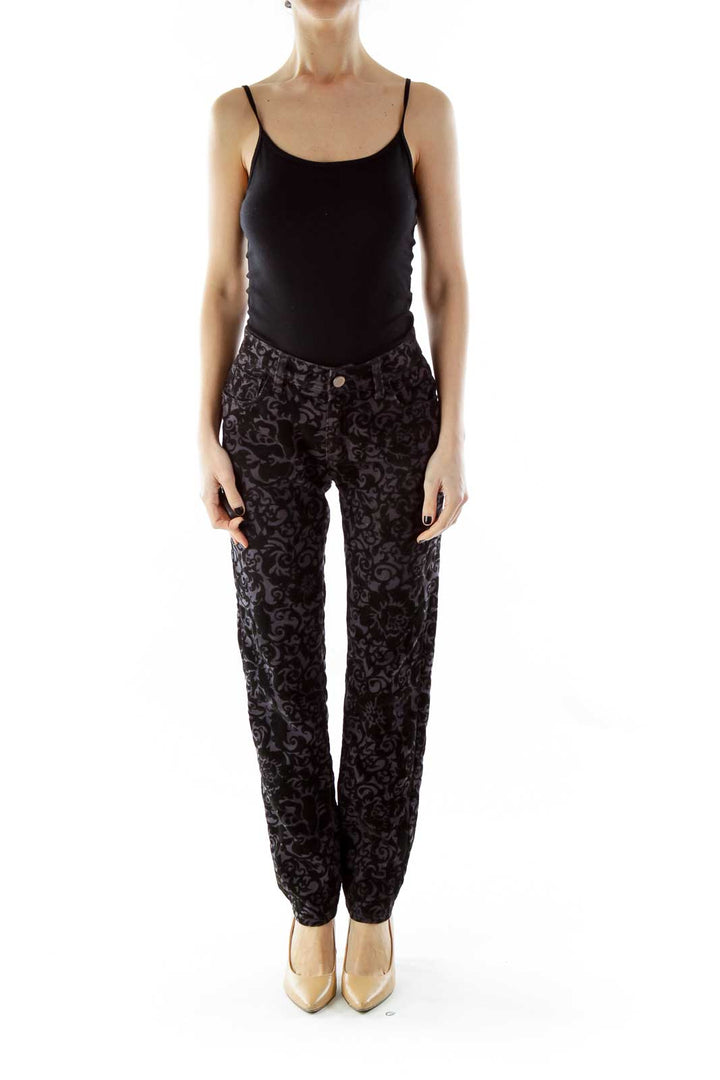 Black Purple Velvet Floral Skinny Pants