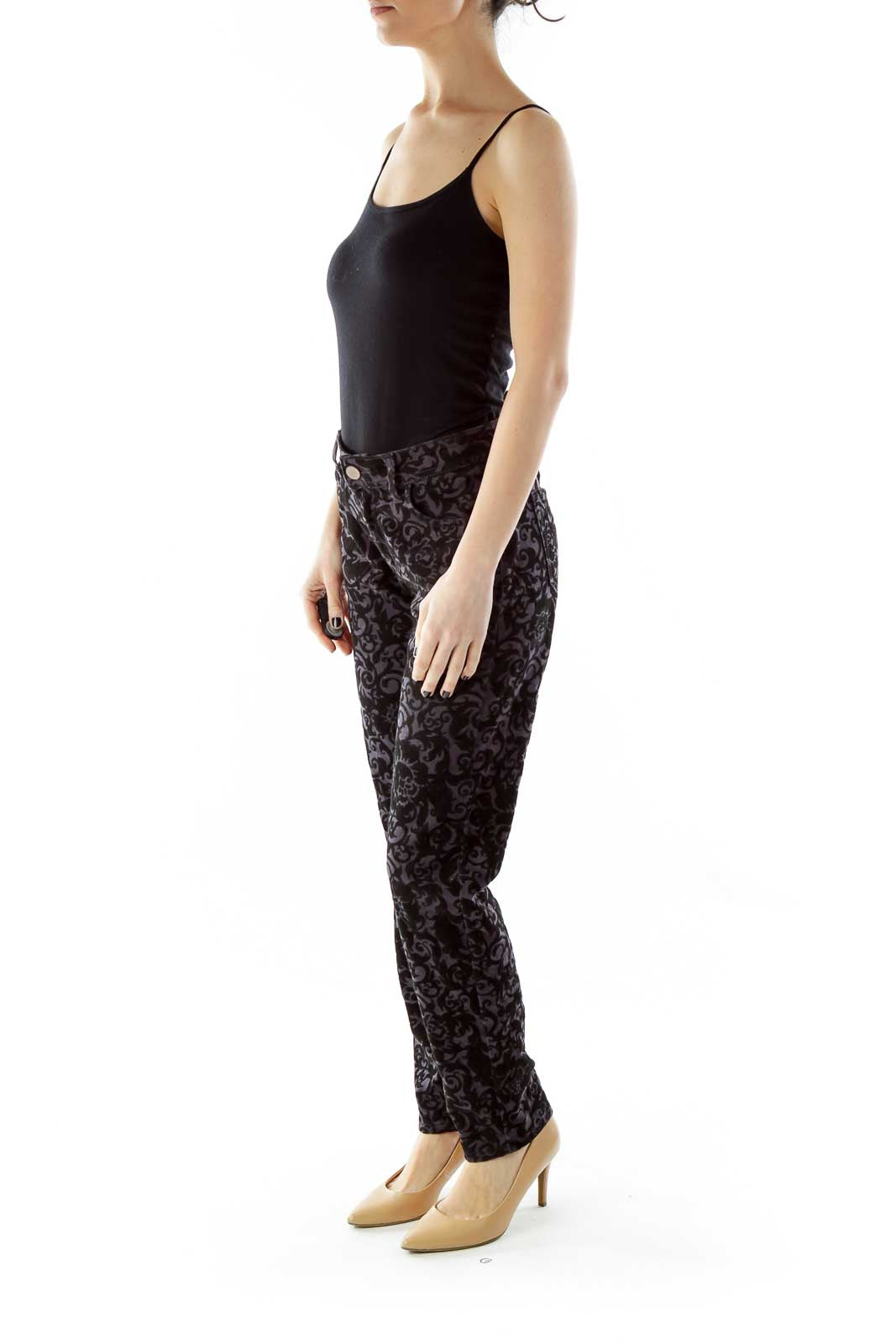 Black Purple Velvet Floral Skinny Pants