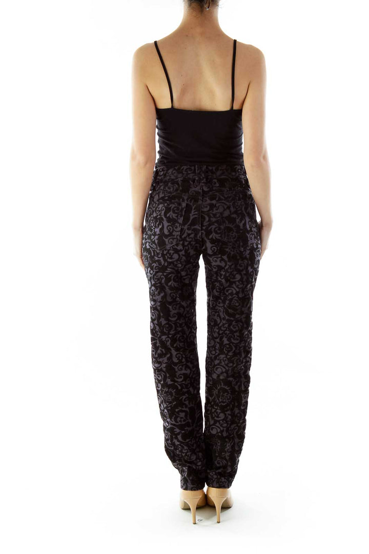 Black Purple Velvet Floral Skinny Pants