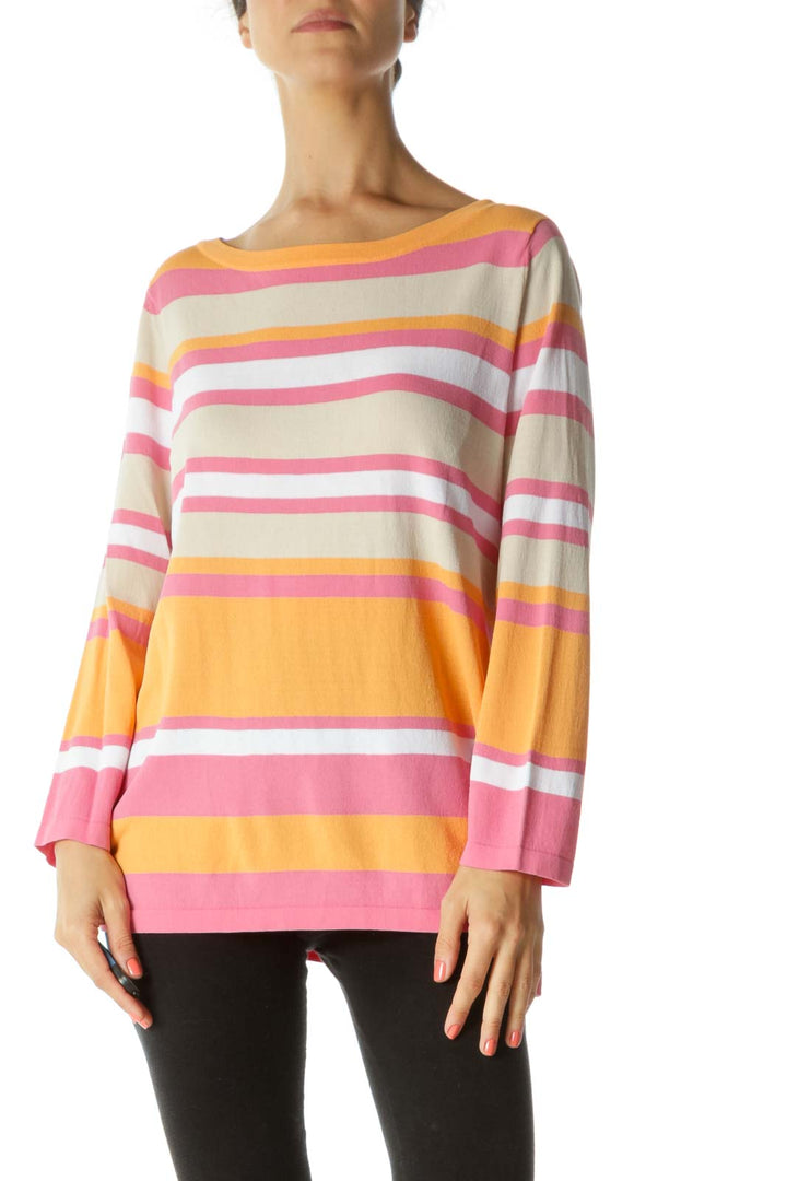 Orange Pink White Elastic Color-Block T-Shirt