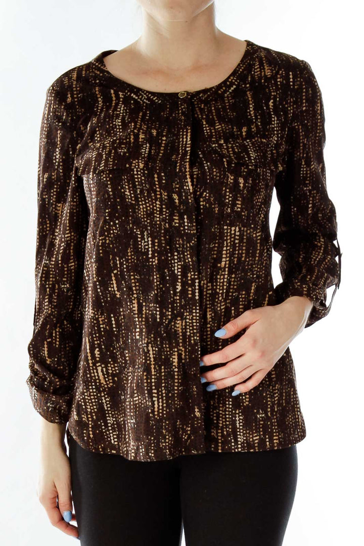 Brown Print Pocketed Blouse