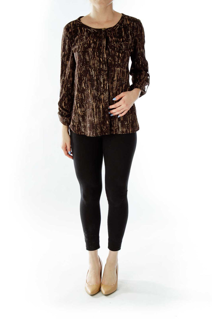 Brown Print Pocketed Blouse