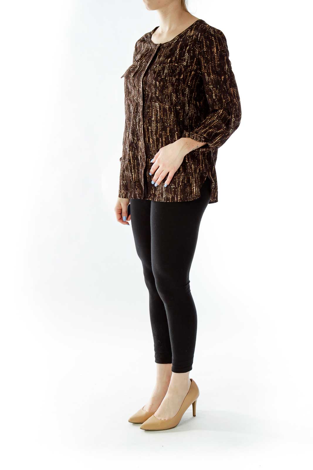 Brown Print Pocketed Blouse