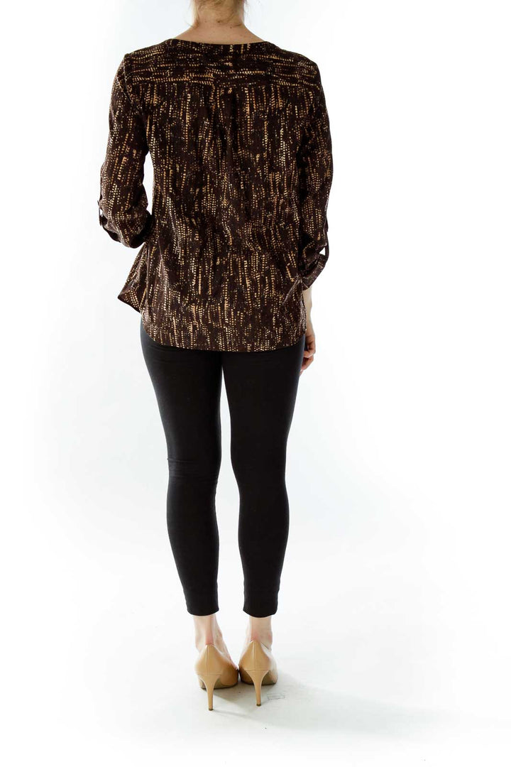 Brown Print Pocketed Blouse