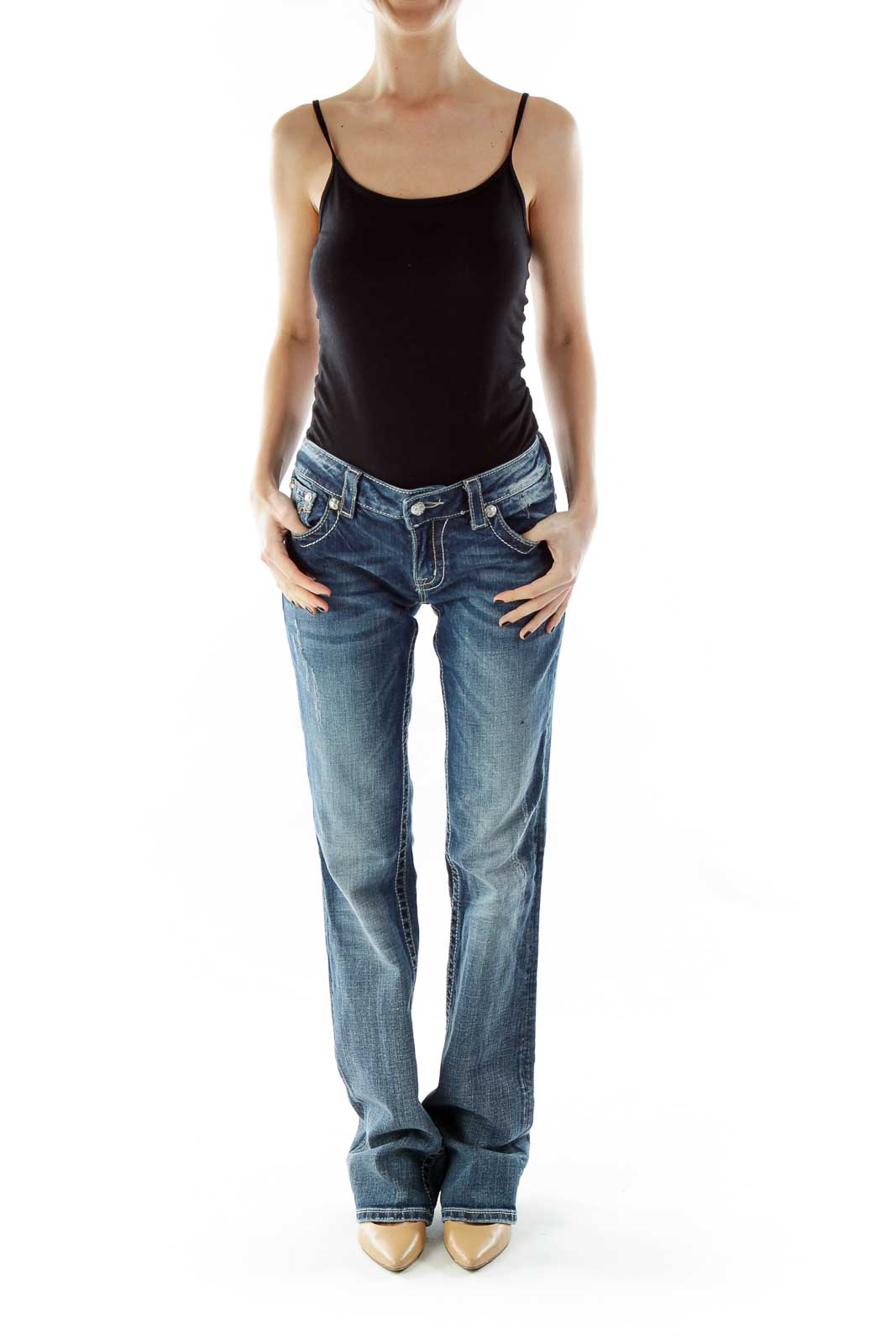 Blue Beaded Straight-Leg Jeans