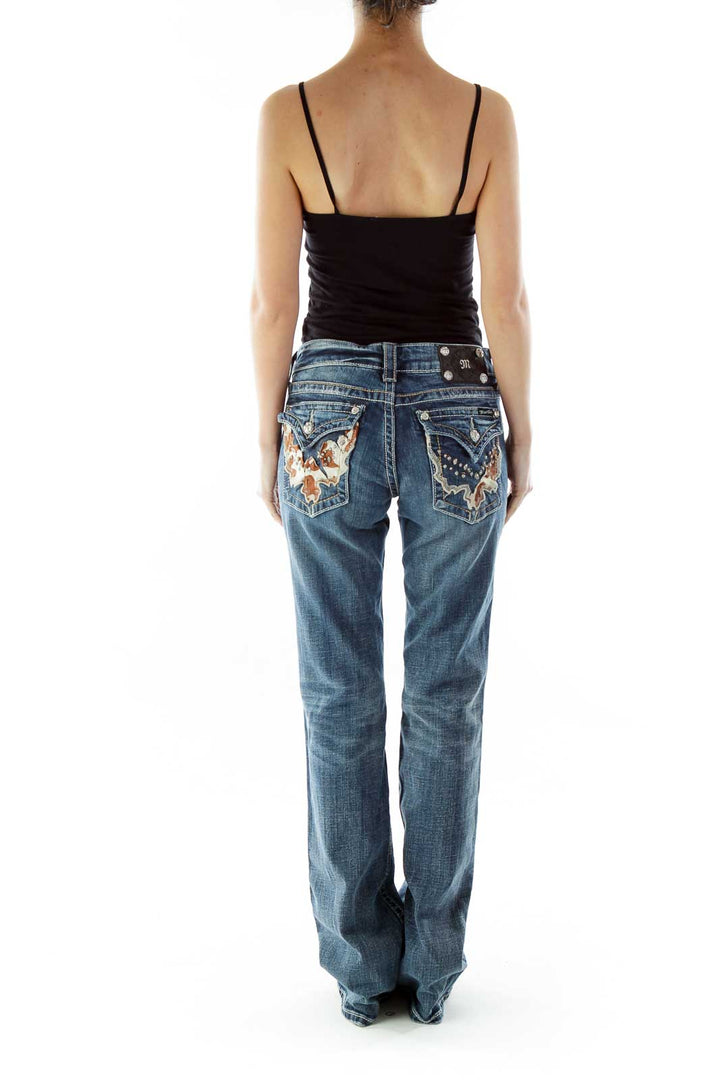 Blue Beaded Straight-Leg Jeans