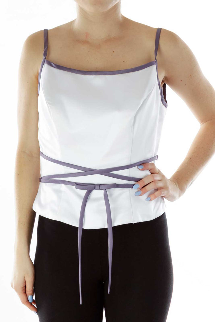 White Purple Spaghetti Strap Top with Bow Detail