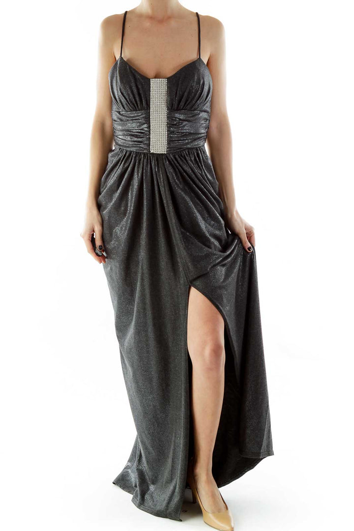 Gray Spaghetti Strap Metallic Evening Dress with Rhinestones