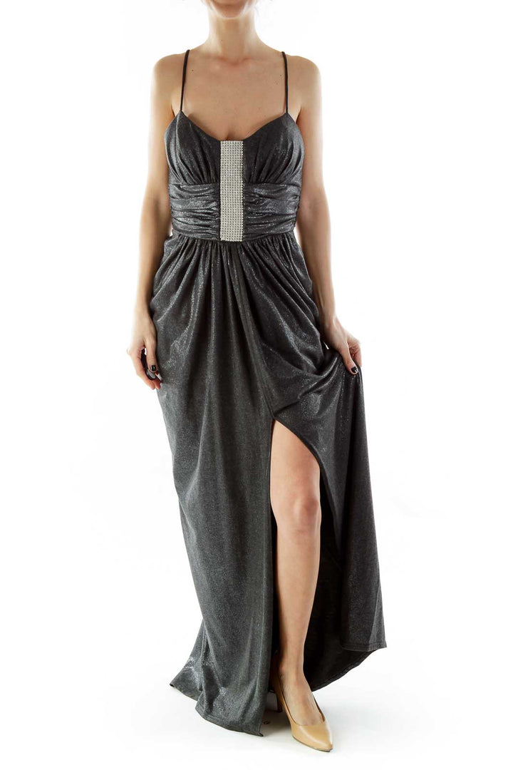 Gray Spaghetti Strap Metallic Evening Dress with Rhinestones