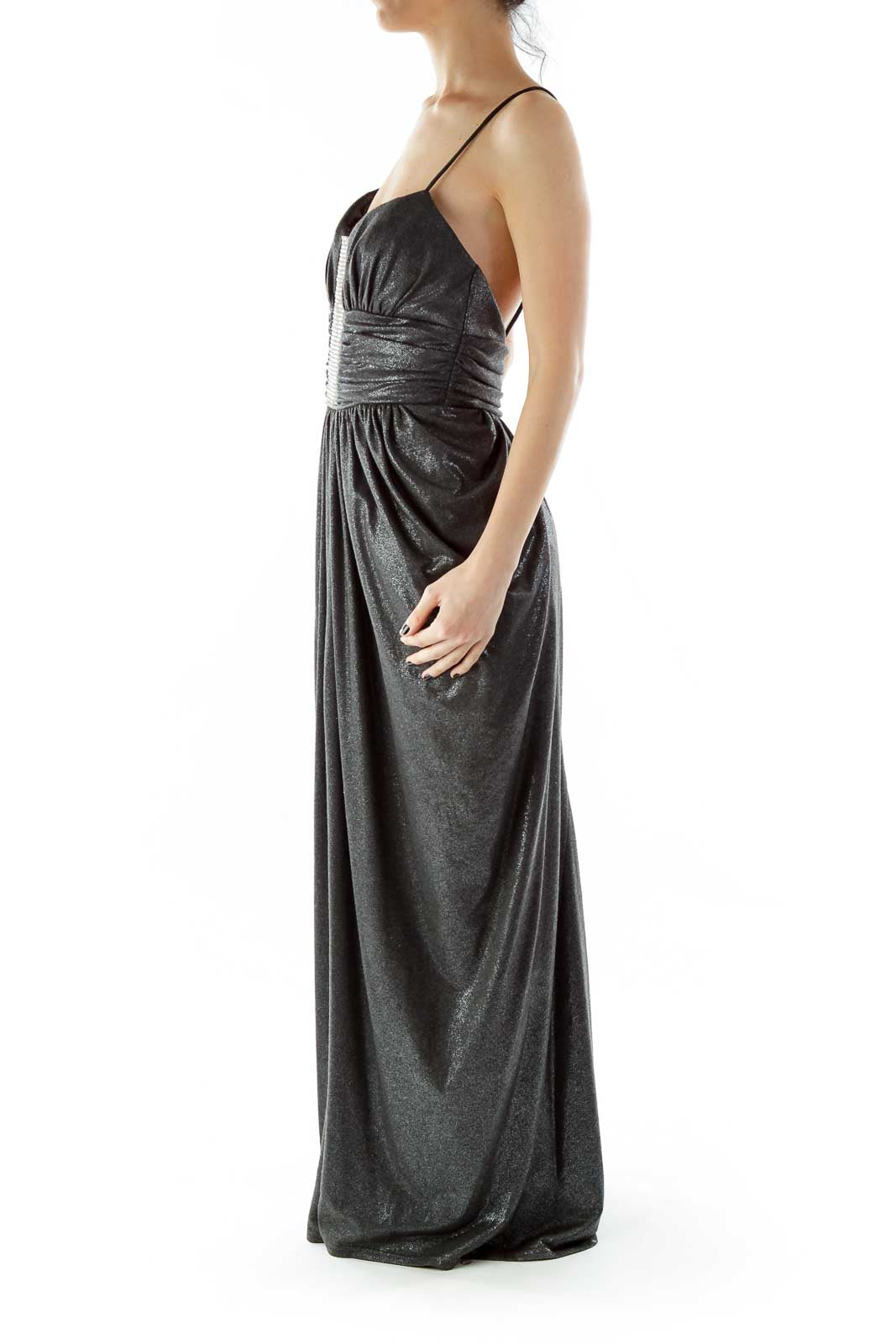 Gray Spaghetti Strap Metallic Evening Dress with Rhinestones