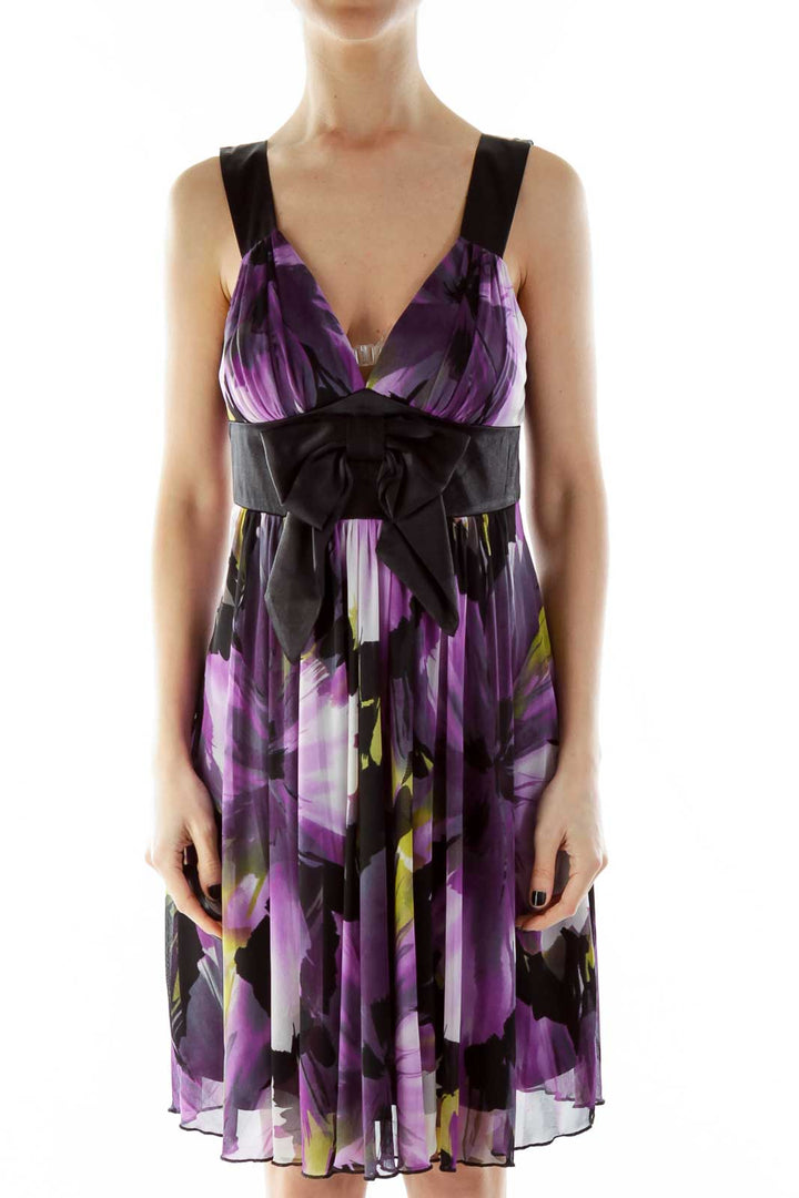 Black Purple V-Neck Floral Bow Cocktail Dress