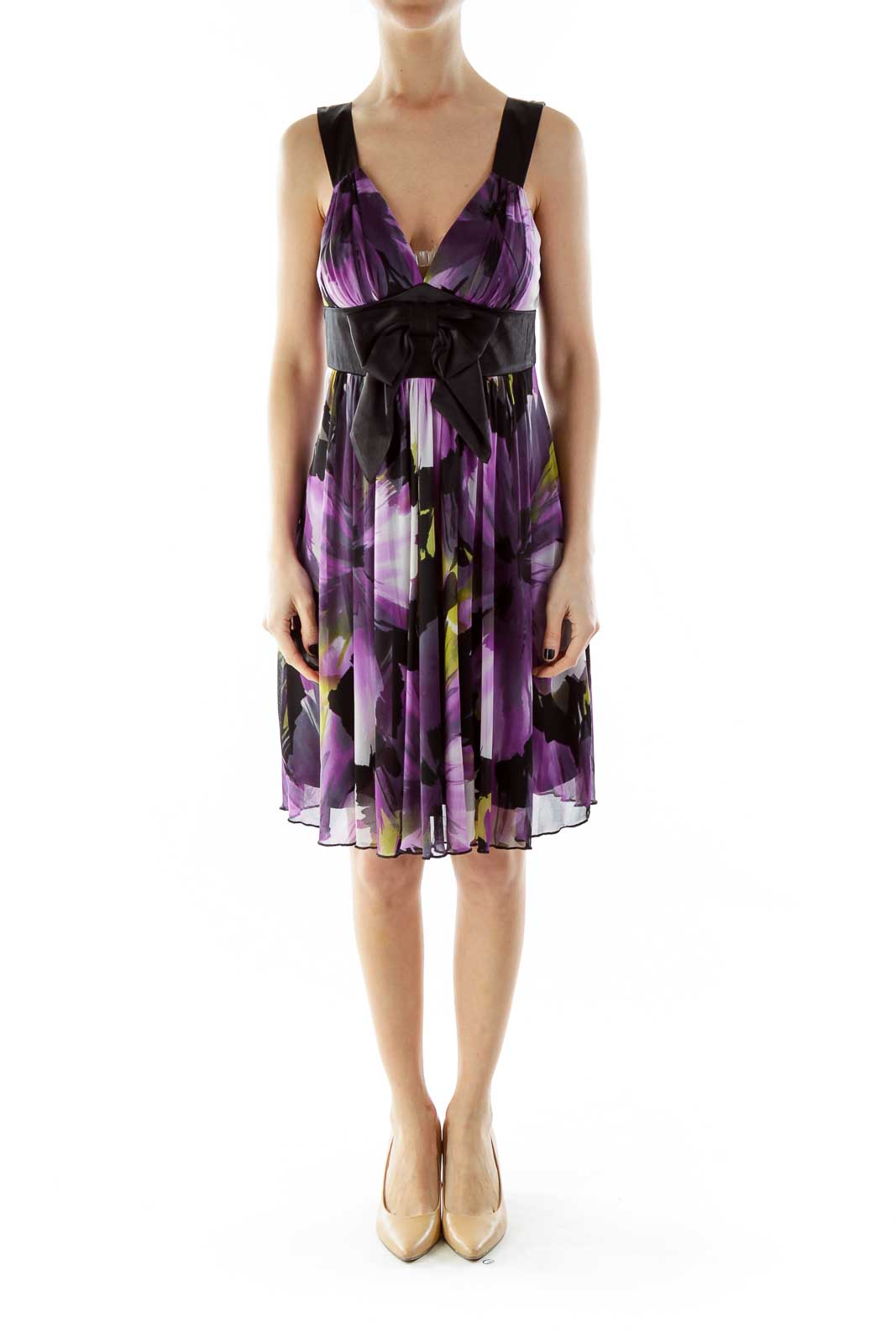 Black Purple V-Neck Floral Bow Cocktail Dress