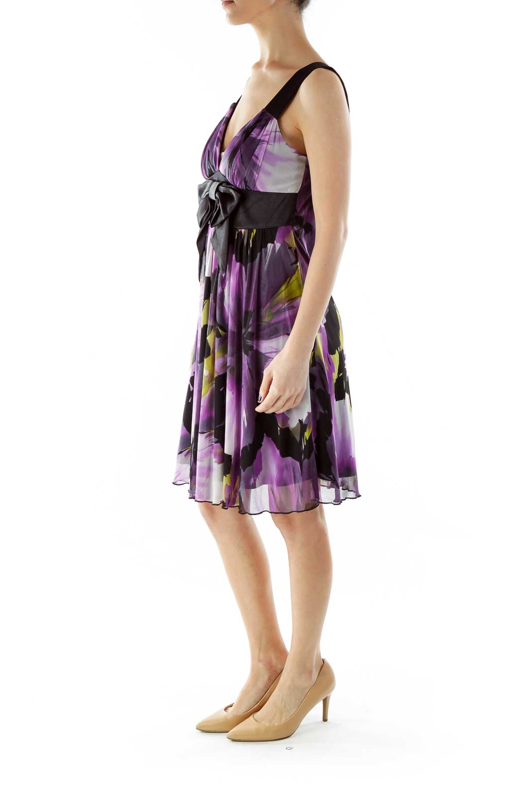 Black Purple V-Neck Floral Bow Cocktail Dress