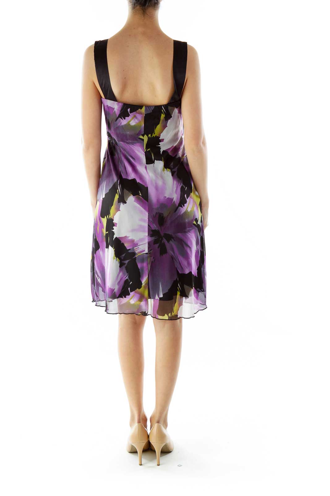 Black Purple V-Neck Floral Bow Cocktail Dress