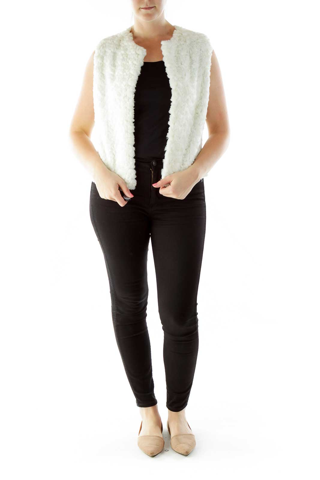 White Faux-Fur Open Vest