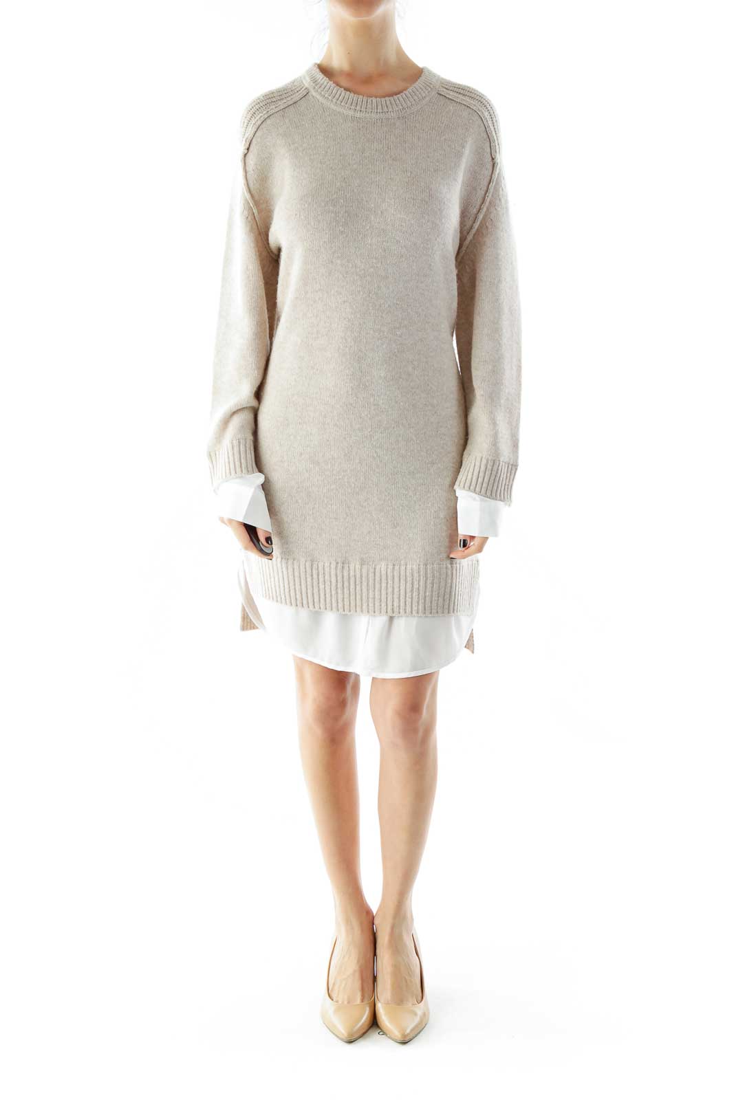 Beige White Layered Knit Dress