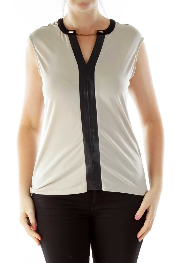 Beige Black V-Neck Faux-Leather-Trimmed Top