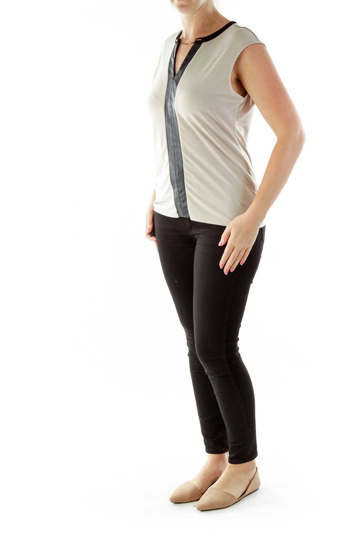 Beige Black V-Neck Faux-Leather-Trimmed Top