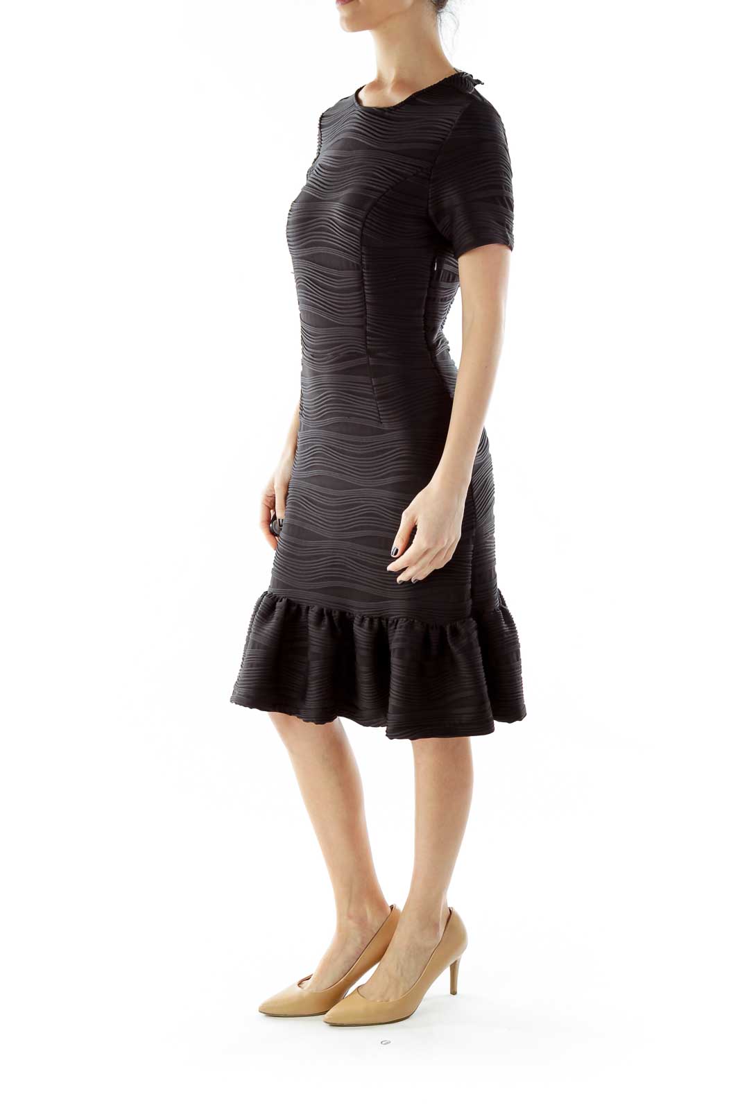 Black Textured Ruffled Short Sleeve Cocktail Dress