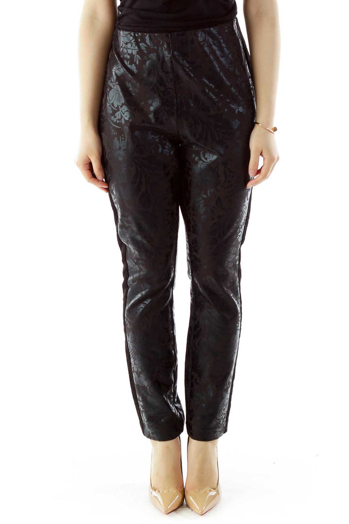 Black Flower Velvet Elastic High-Waisted Pants