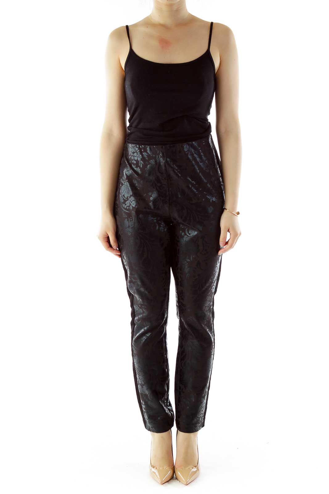 Black Flower Velvet Elastic High-Waisted Pants