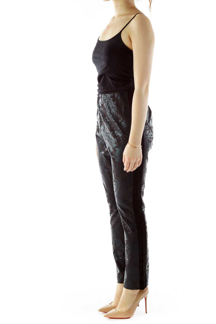 Black Flower Velvet Elastic High-Waisted Pants