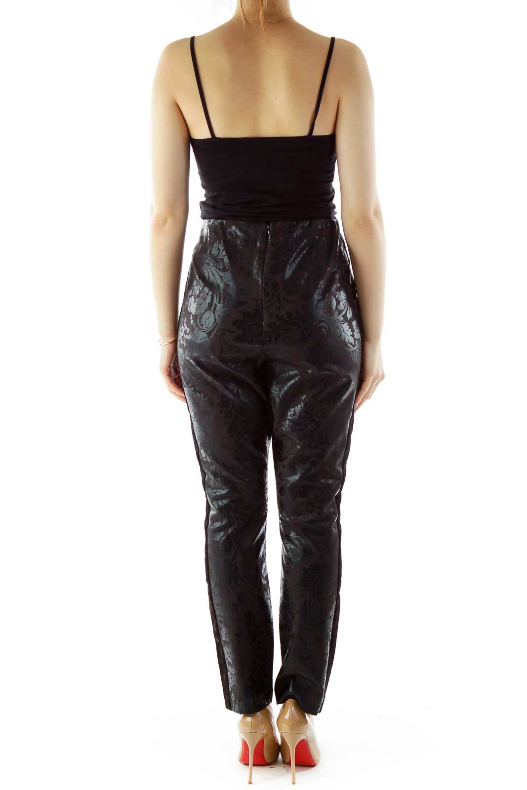 Black Flower Velvet Elastic High-Waisted Pants