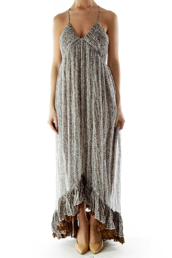 White Brown Green Ruffled Layered Maxi Dress with Adjustable Strap