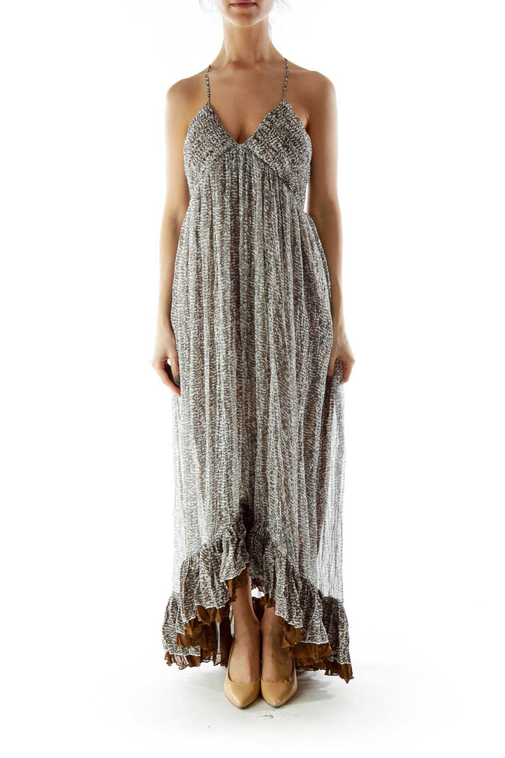 White Brown Green Ruffled Layered Maxi Dress with Adjustable Strap