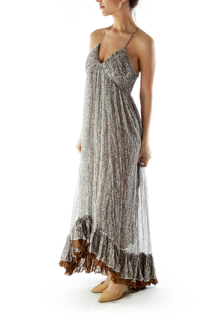 White Brown Green Ruffled Layered Maxi Dress with Adjustable Strap