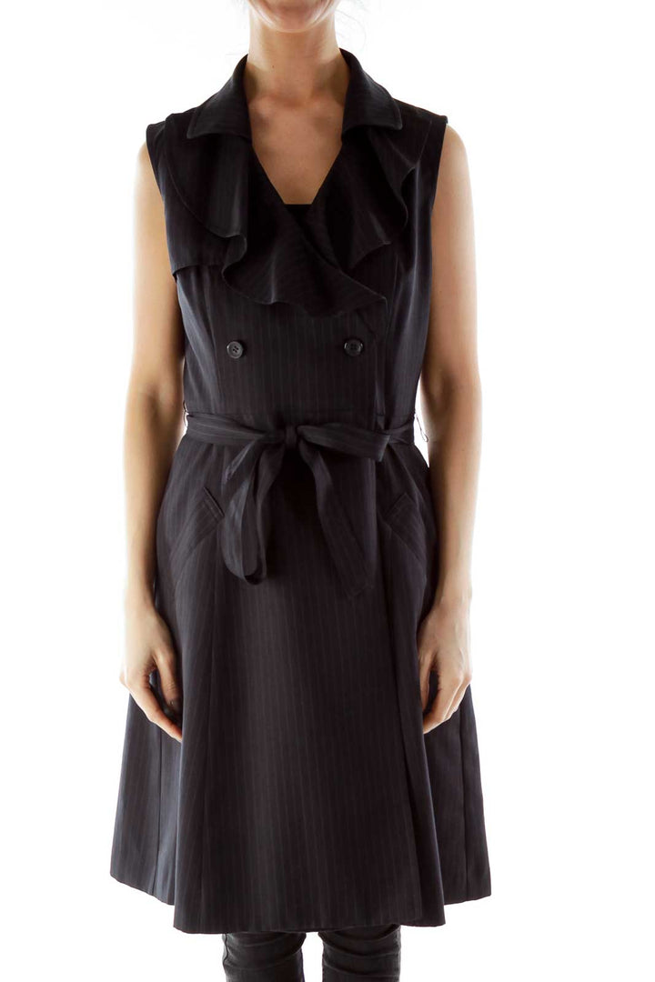 Black Ruffled Pinstripe Double-Breasted Blazer Dress