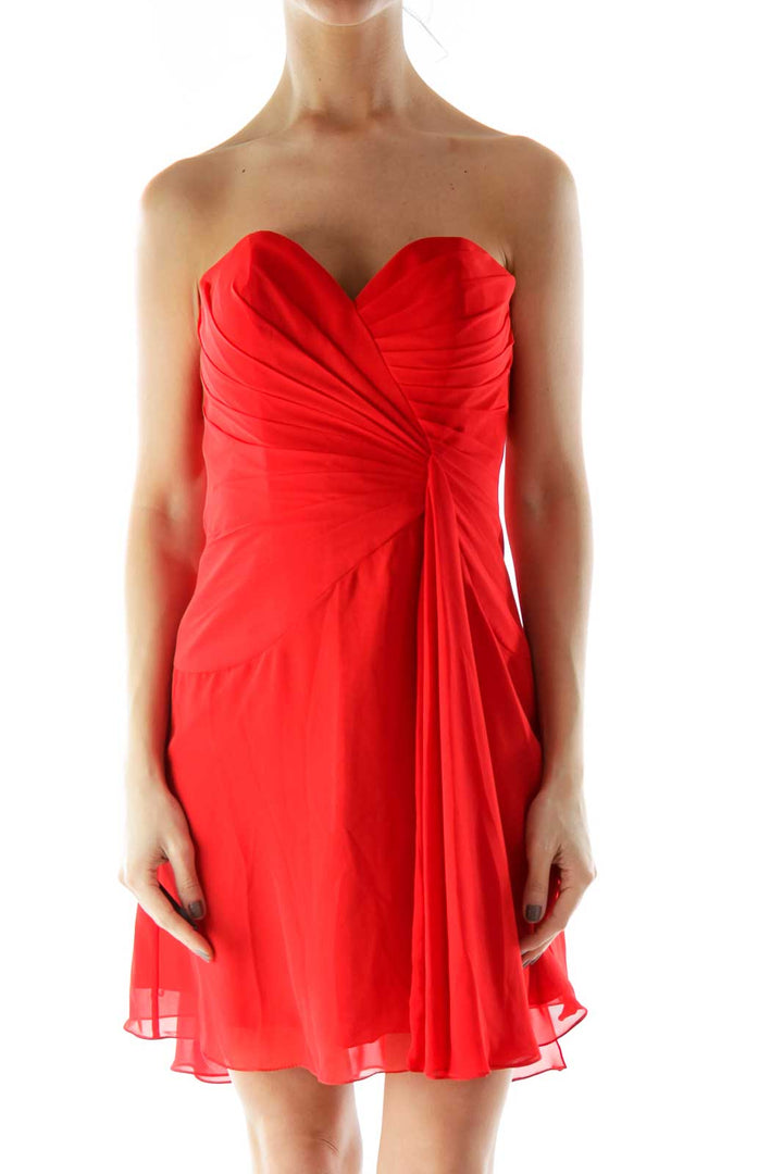 Red Pleated Draped Strapless Cocktail Dress