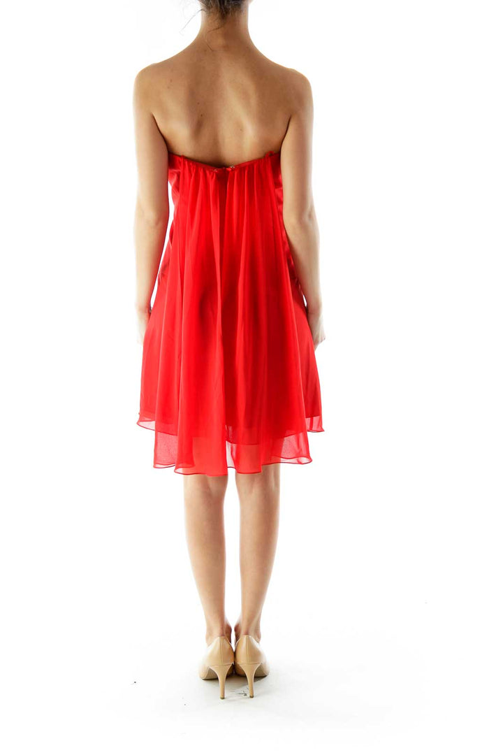 Red Pleated Draped Strapless Cocktail Dress