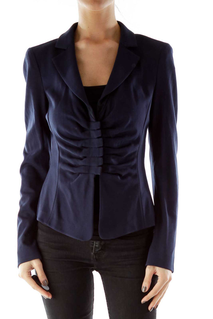 Navy Buttoned Textured Fitted Jacket With Shoulder Pads