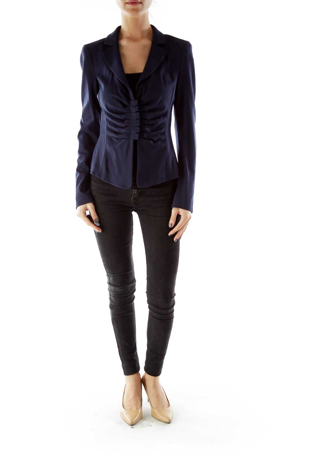 Navy Buttoned Textured Fitted Jacket With Shoulder Pads