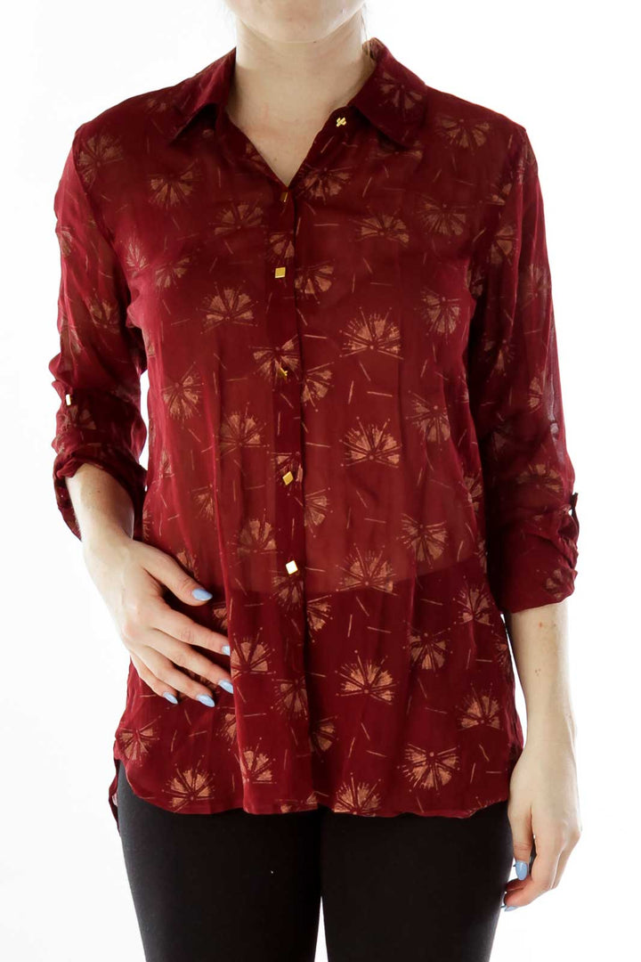 Red Beige See-Through Dancing-Fan Print Button Down