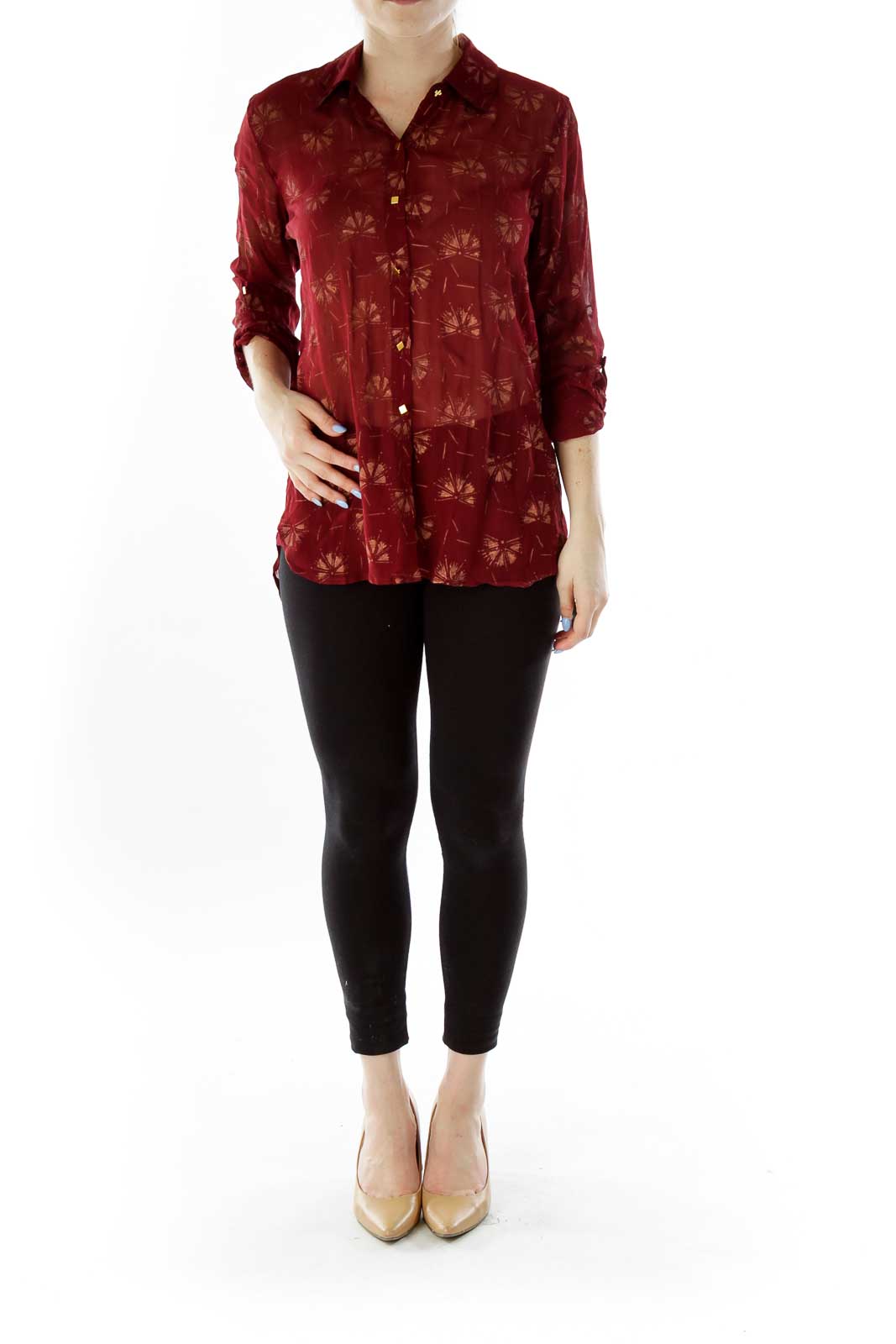 Red Beige See-Through Dancing-Fan Print Button Down