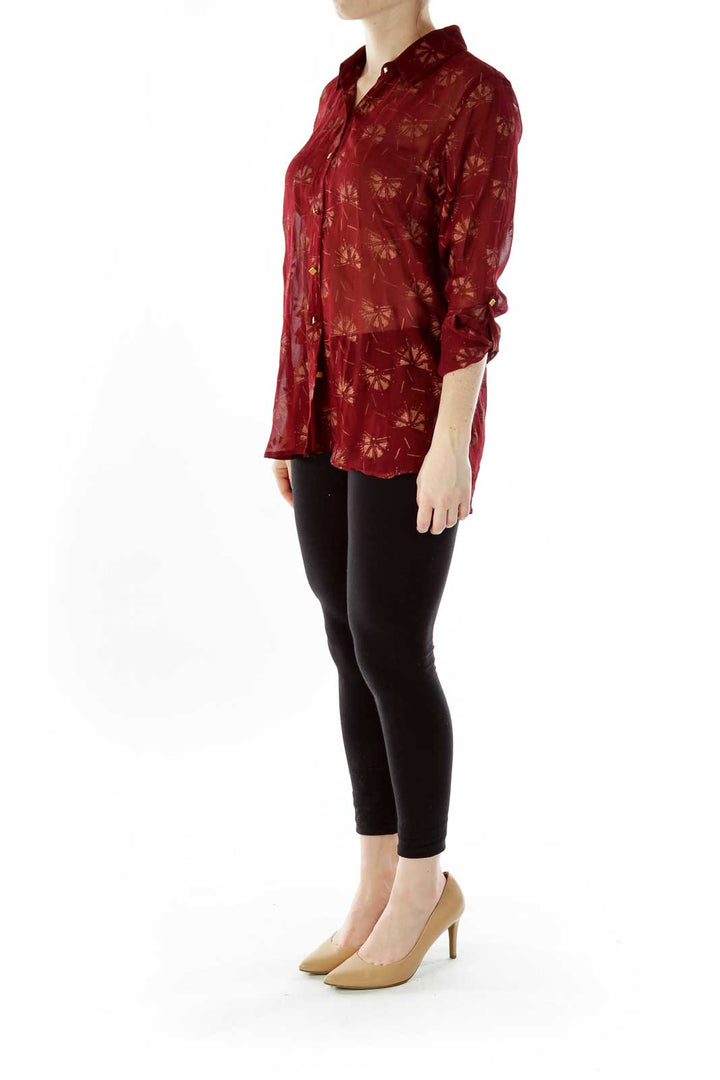 Red Beige See-Through Dancing-Fan Print Button Down