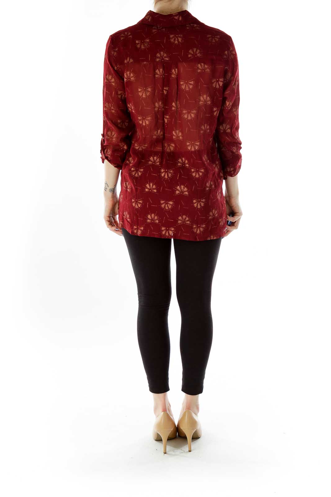 Red Beige See-Through Dancing-Fan Print Button Down