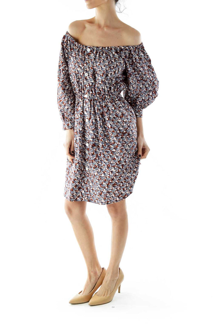 Multicolor Buttoned Oversized Dress with Boat Neckline