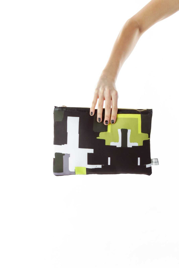 Black Green Geometric Print Clutch