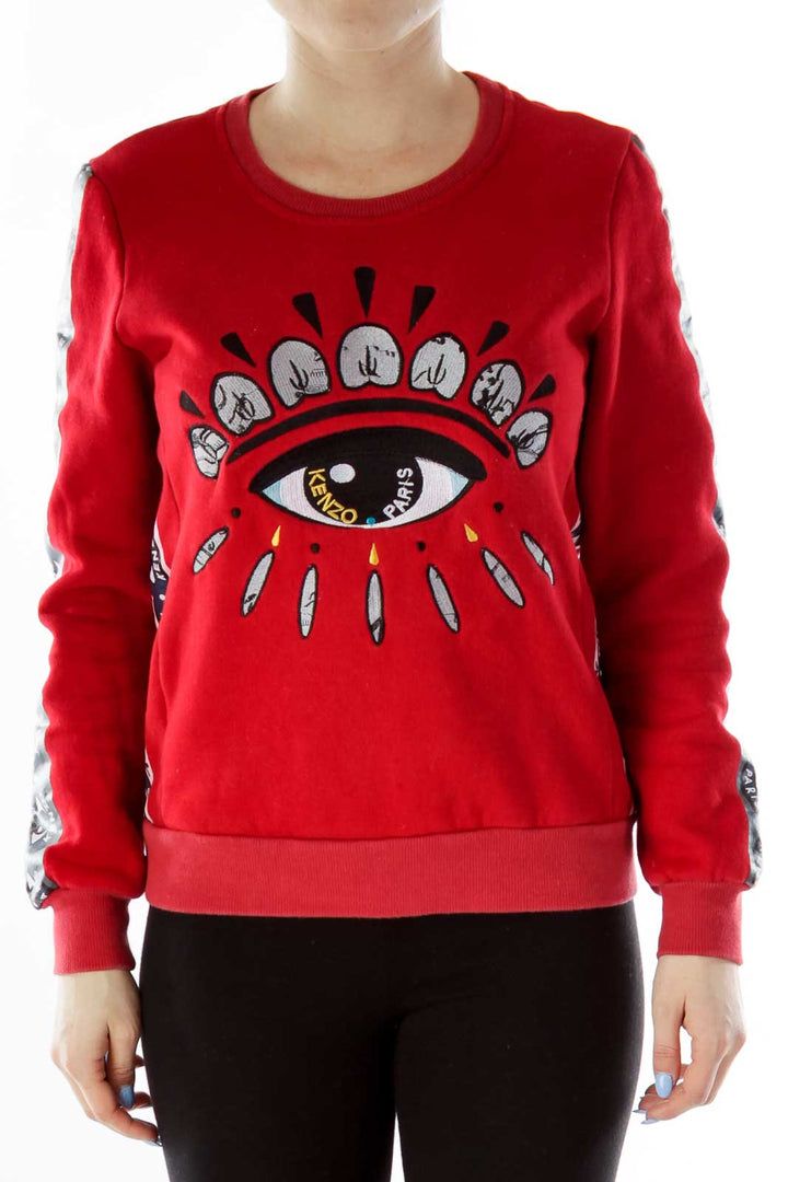 Red Multicolor Embroidered Sweatshirt