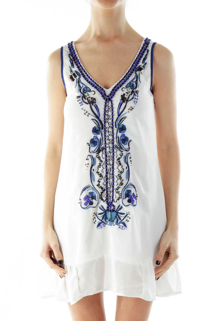 White Blue V-Neck Beaded Day Dress