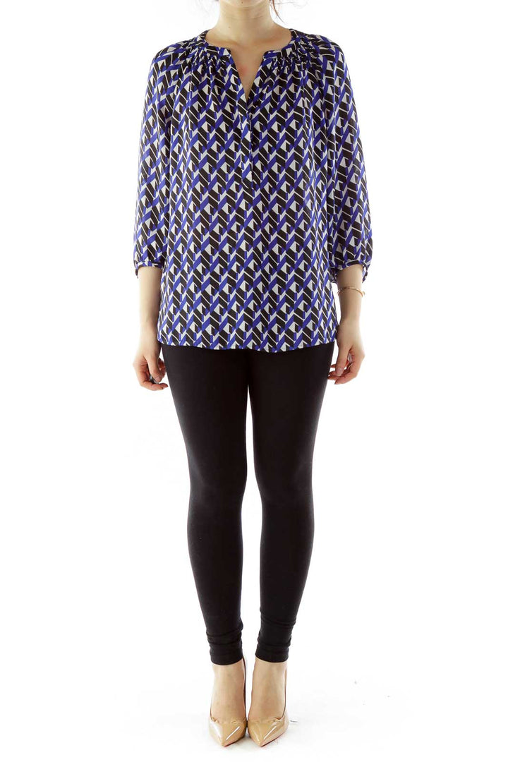 Blue Black and Cream pattern Loose Top