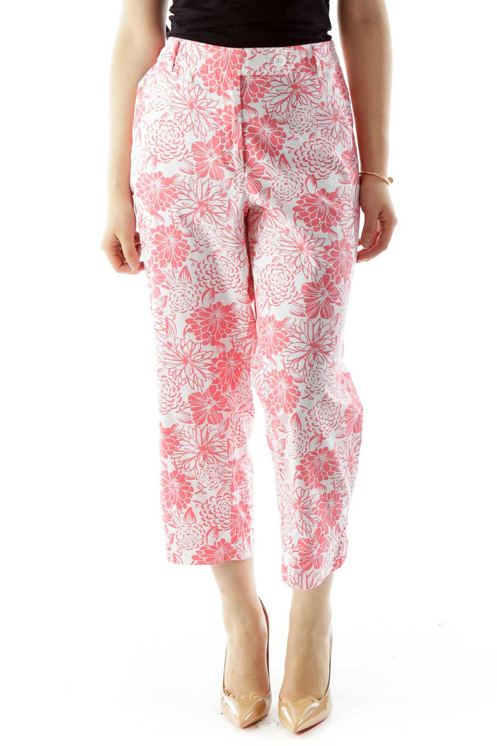 Pink White Flower Print Tapered Pants