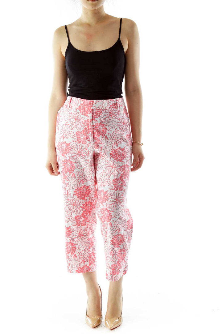 Pink White Flower Print Tapered Pants